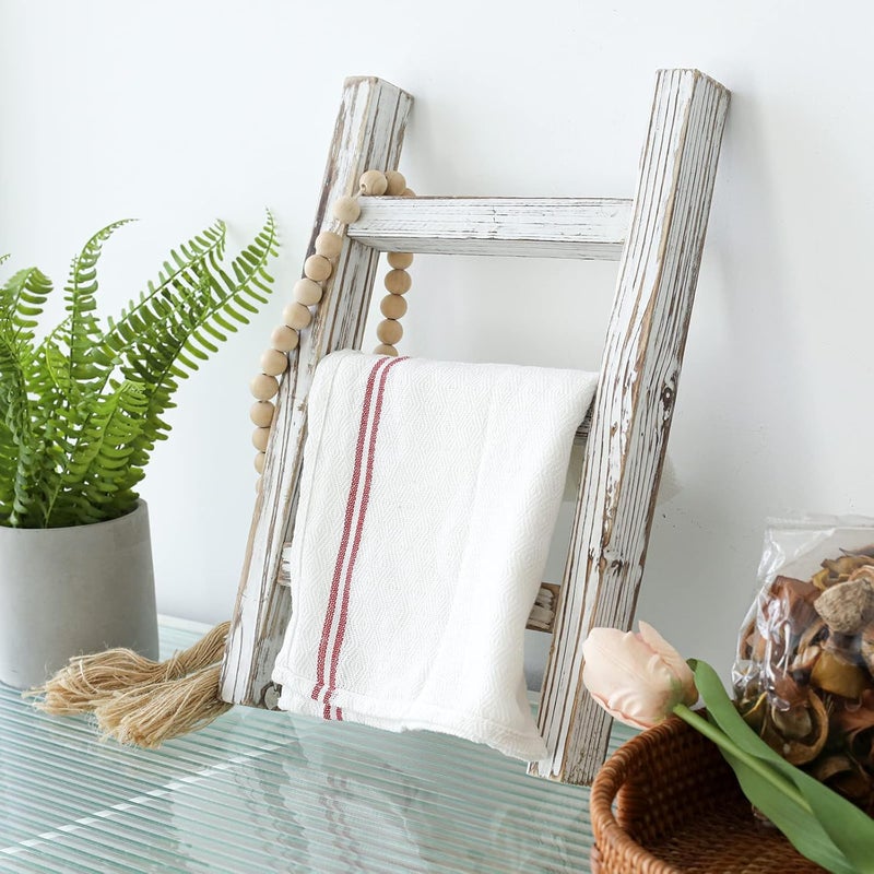 FUIN Wooden Tea Towel Ladder, Mini Ladder Towel Rack Display Hanger, Small Rustic Farmhouse Tea Towel Stand Holder for Country Bathroom Decor, White - Image 3